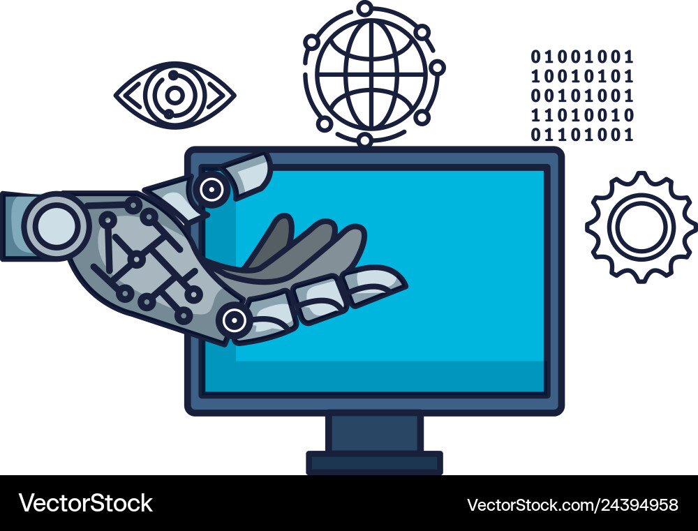 Computer desktop with robot hand and icons Computer desktop with robot hand and icons vector image