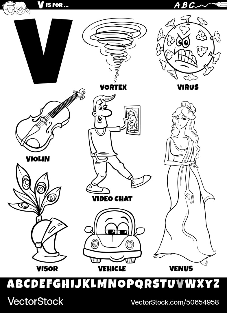 Letter v set with cartoon objects and characters Vector Image