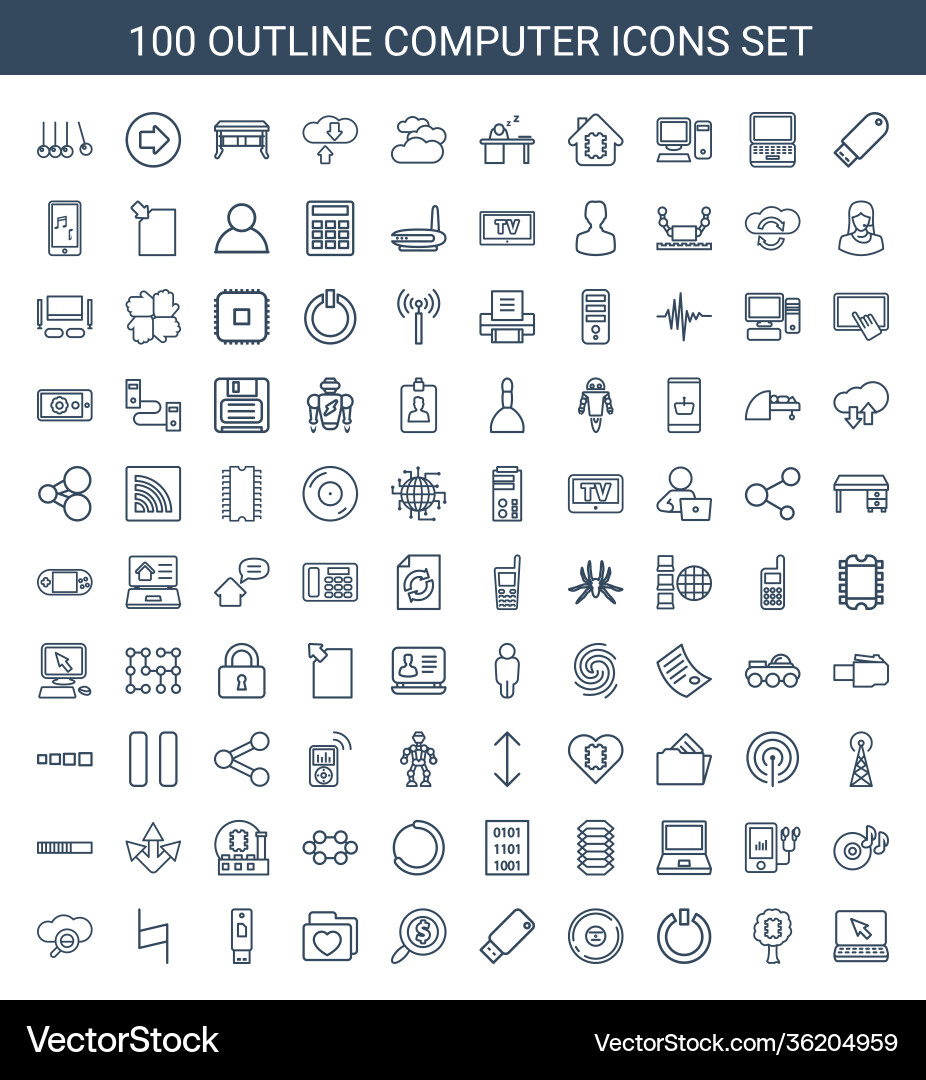 100 Computer Icons - Outline Set Vector Image