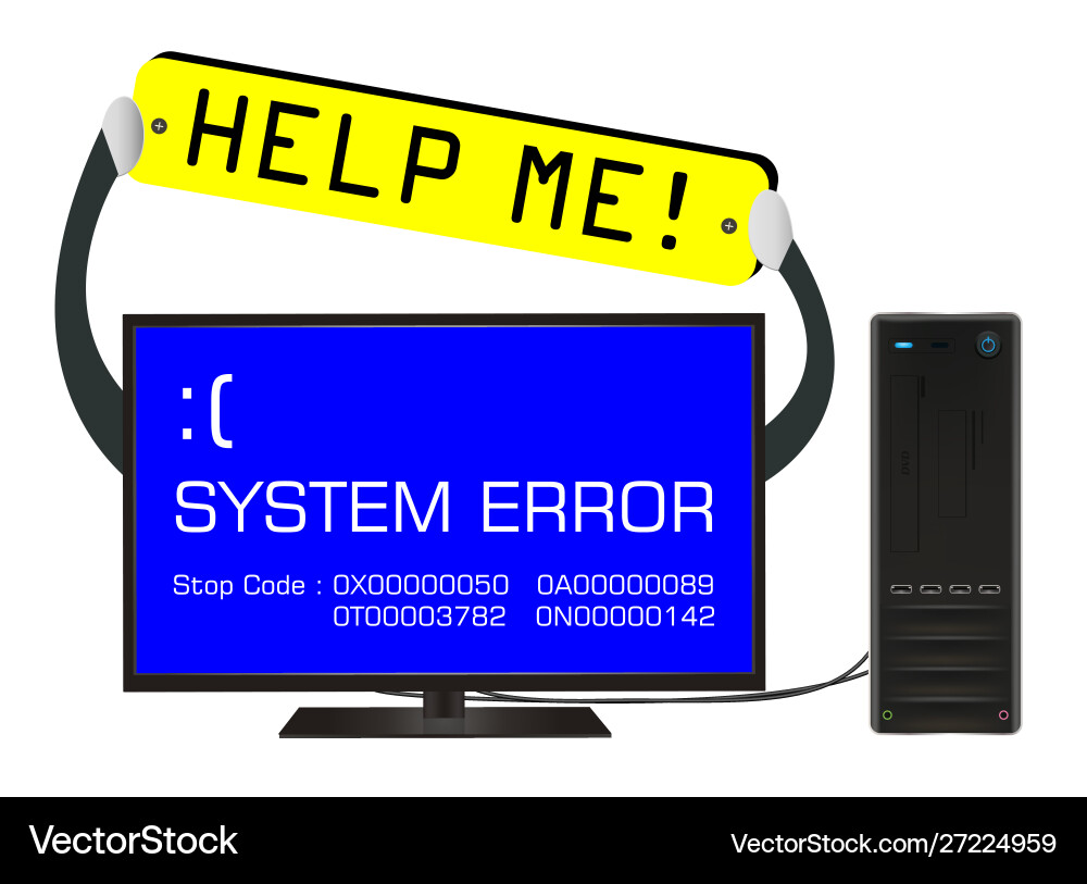 Broken desktop computer error screen with help me vector image