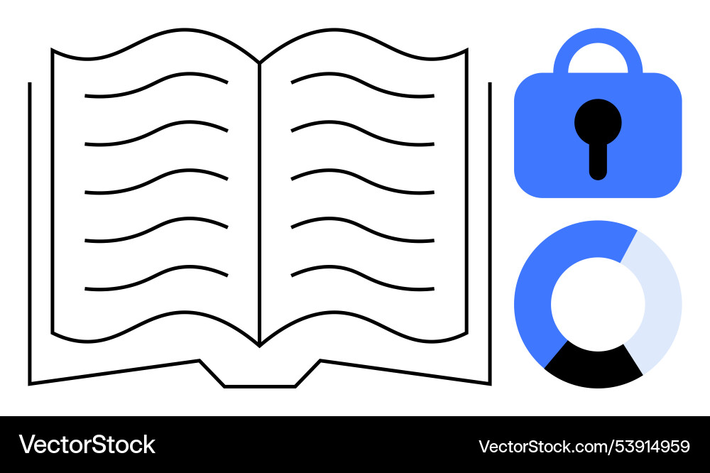 Open book with lock and pie chart symbols Open book with lock and pie chart symbols vector image