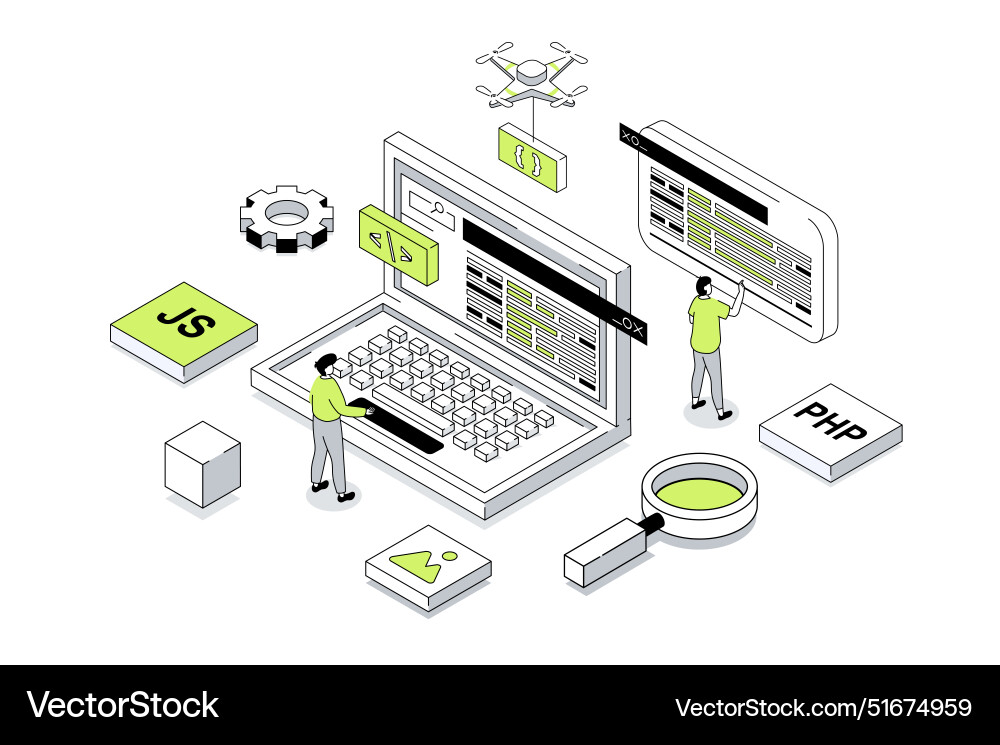 Website creating 3d isometric concept in outline Website creating 3d isometric concept in outline vector image
