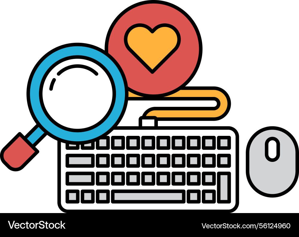 A keyboard and mouse are shown with magnifying A keyboard and mouse are shown with magnifying Vector Image