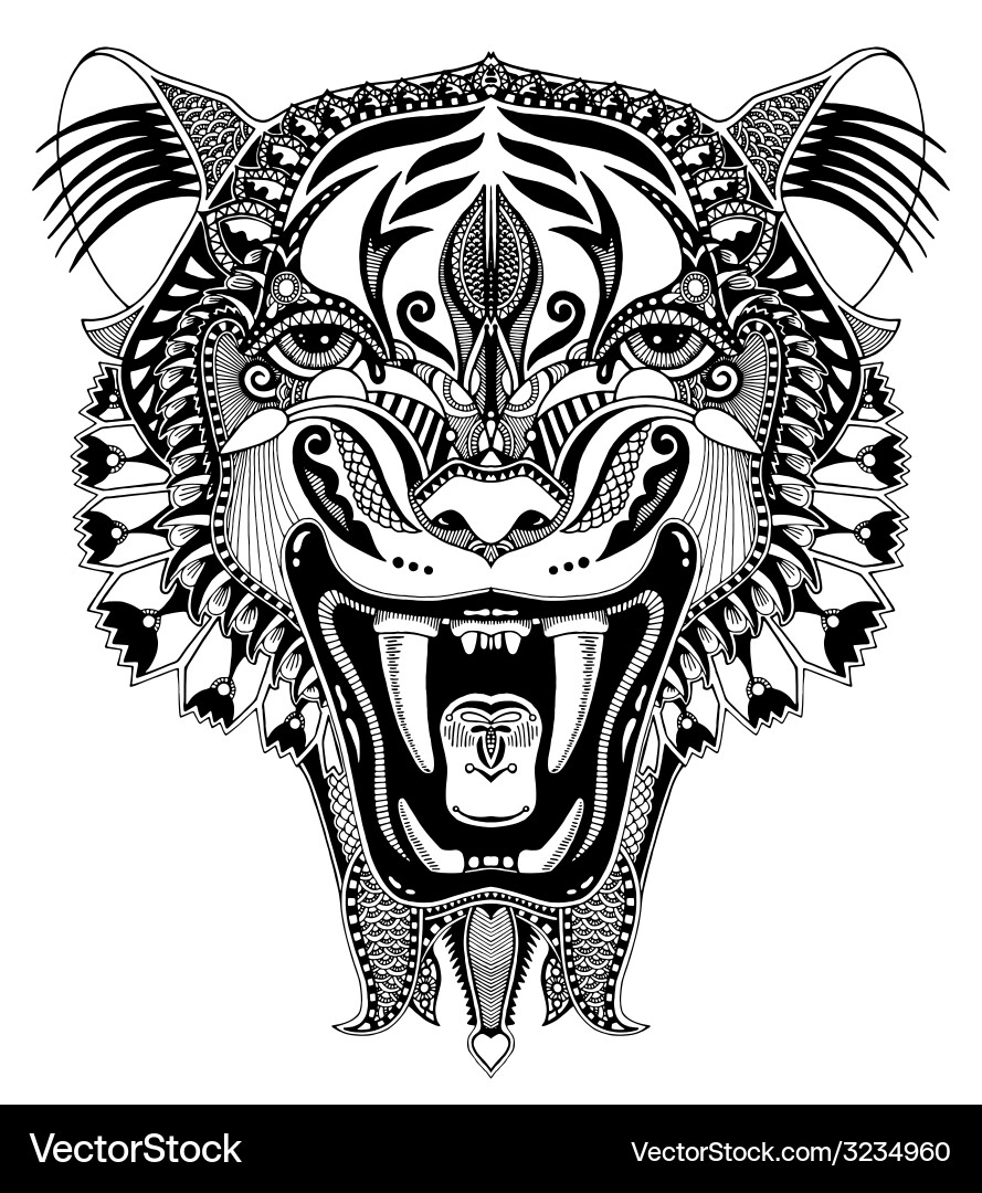 Black Tiger Head Drawing - Fierce Portrait Vector Image