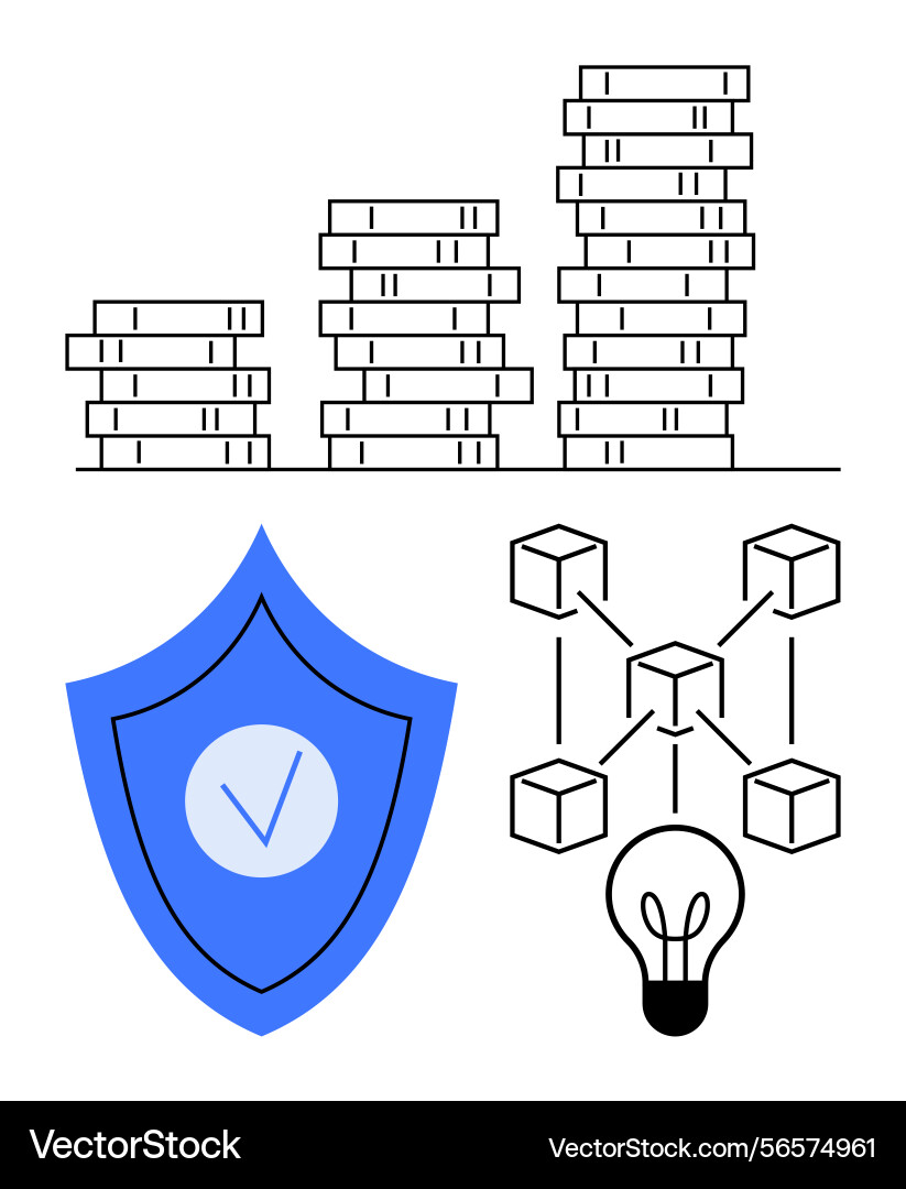 Stacked coins blockchain network shield Stacked coins blockchain network shield vector image