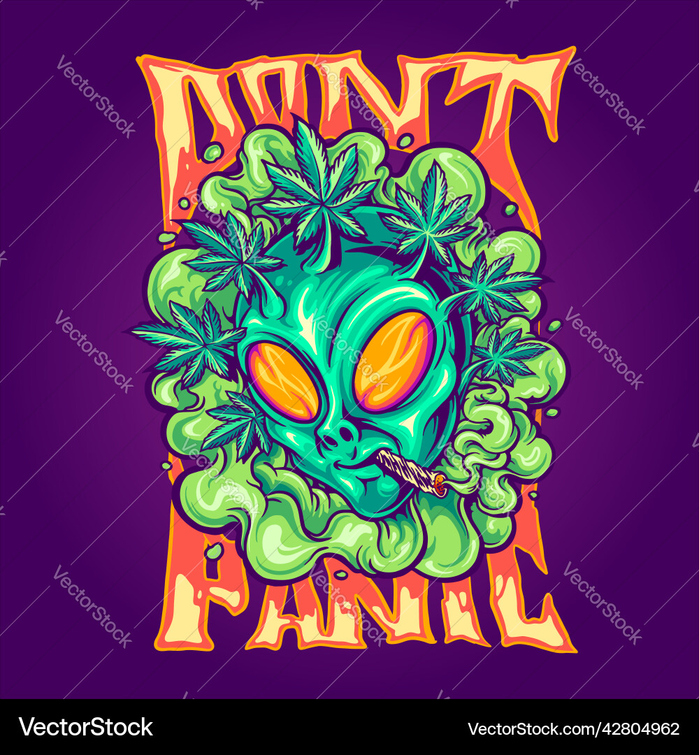 Alien Kopf rauchen Cannabis Blatt dont panic Alien Kopf rauchen Cannabis Blatt dont panic vektorbild