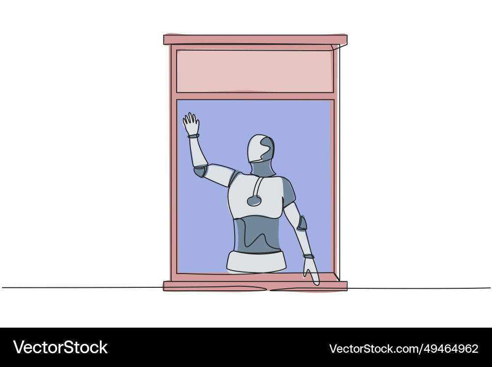 Continuous one line drawing robot waving vector image
