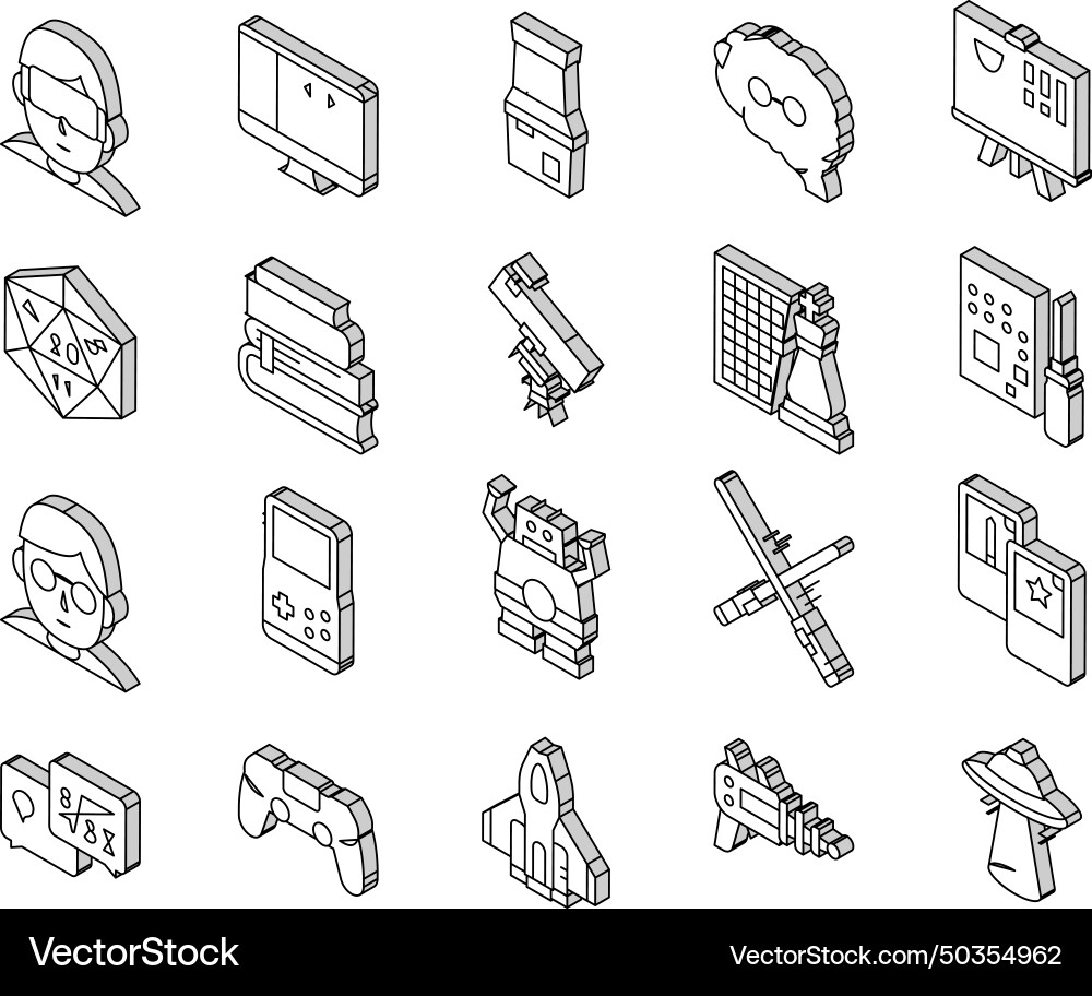 Geek nerd and gamer collection isometric icons Geek nerd and gamer collection isometric icons vector image