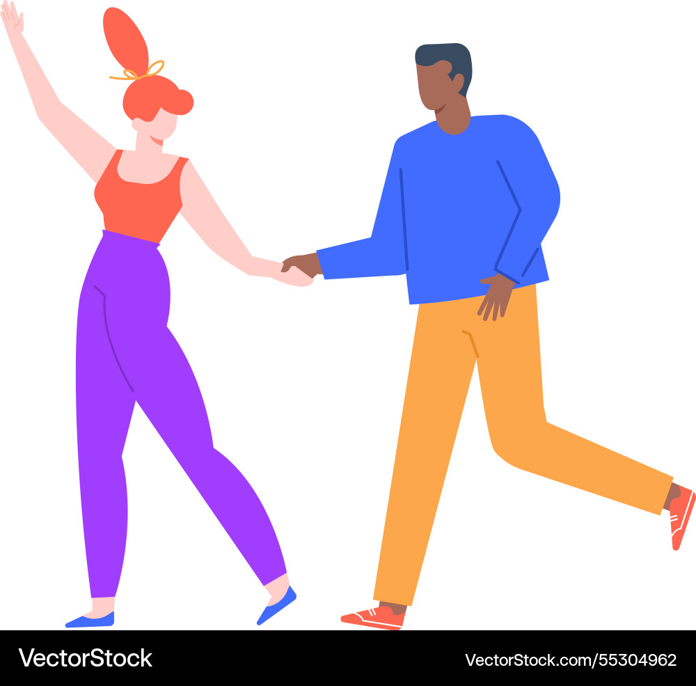 Interracial couple holding hands and walking Interracial couple holding hands and walking Vector Image