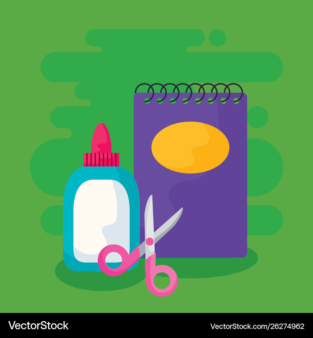 Notebook school with glue bottle and scissors vector image