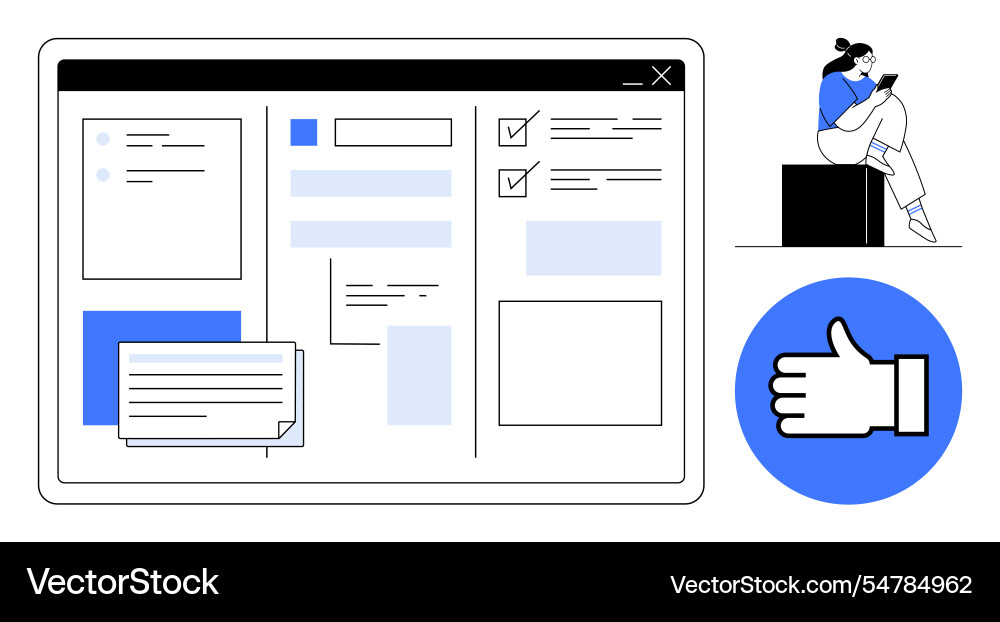 Web interface with forms checklists and a person Web interface with forms checklists and a person vector image