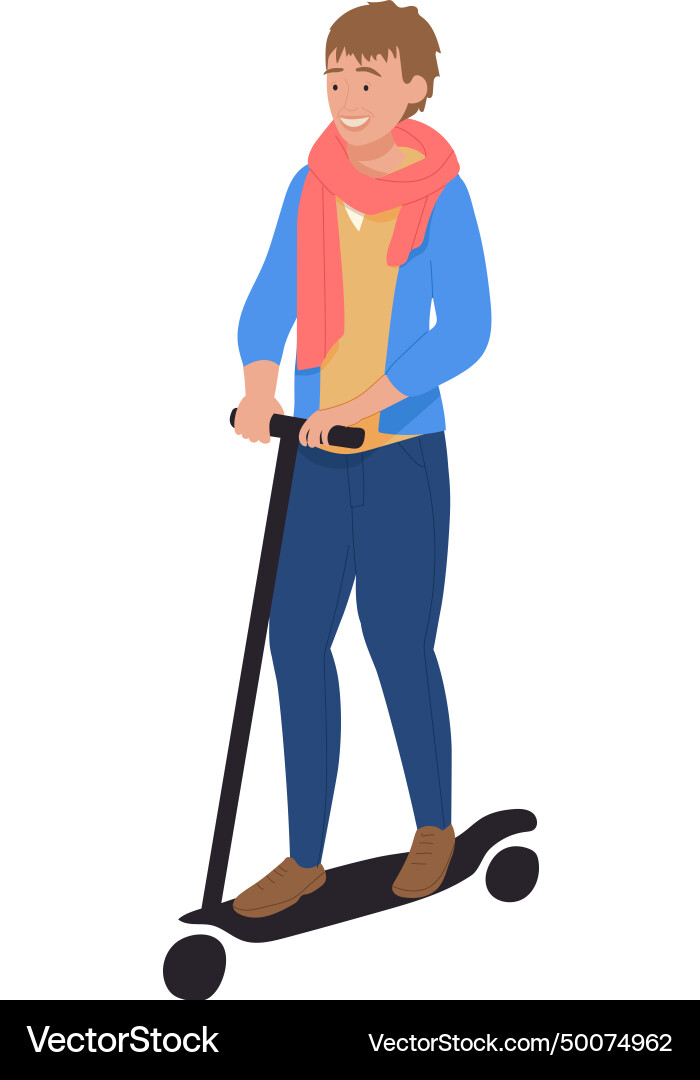 Young man enjoying ride on a kick scooter smiling Young man enjoying ride on a kick scooter smiling vector image