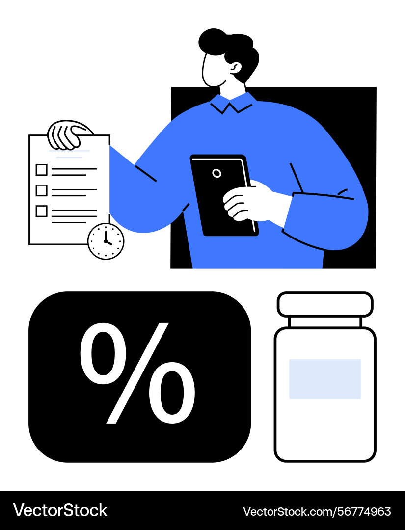 Man with checklist and tablet alongside a clock Man with checklist and tablet alongside a clock vector image