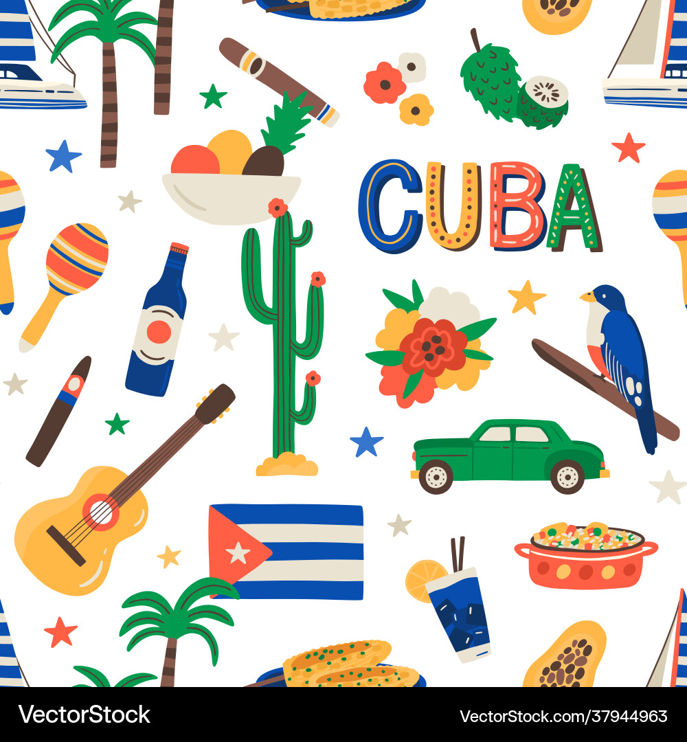 Seamless cuban pattern with cuba touristic symbols Seamless cuban pattern with cuba touristic symbols vector image