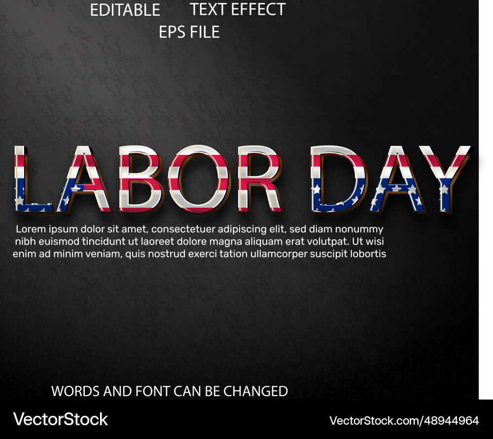Labor day editable text effect with 3d style font vector image