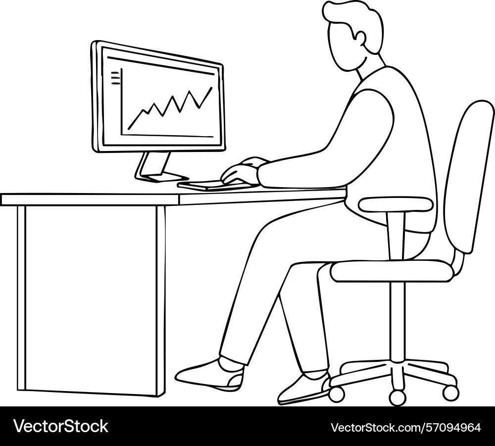 Man working at desk with computer showing graph vector image