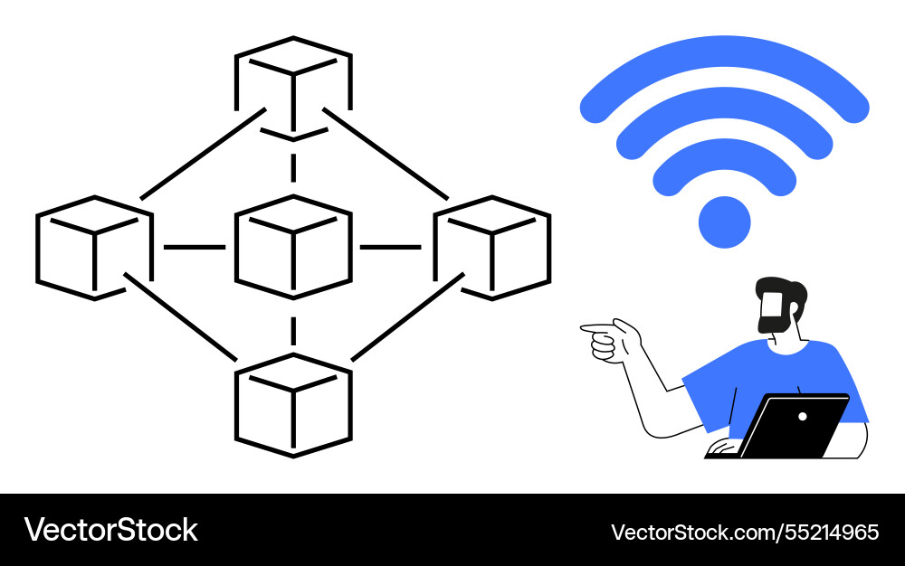Man with laptop pointing at blockchain network Vector Image