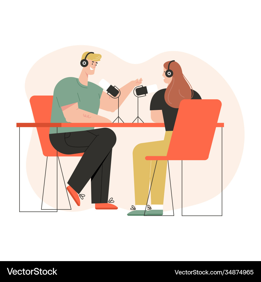 Radio host and guest are recording interview Radio host and guest are recording interview vector image