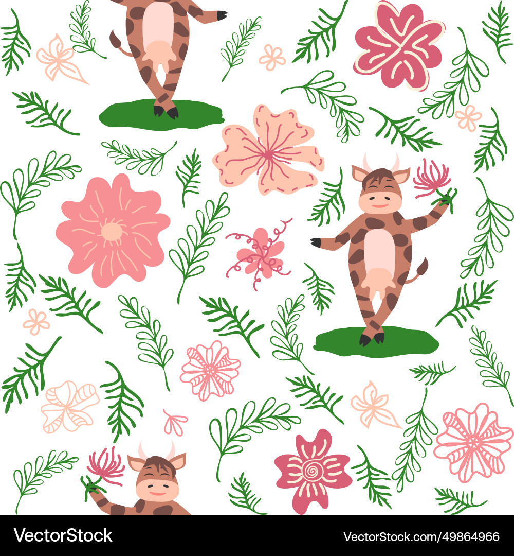 Dancing cow in the meadow cute seamless pattern Dancing cow in the meadow cute seamless pattern Vector Image