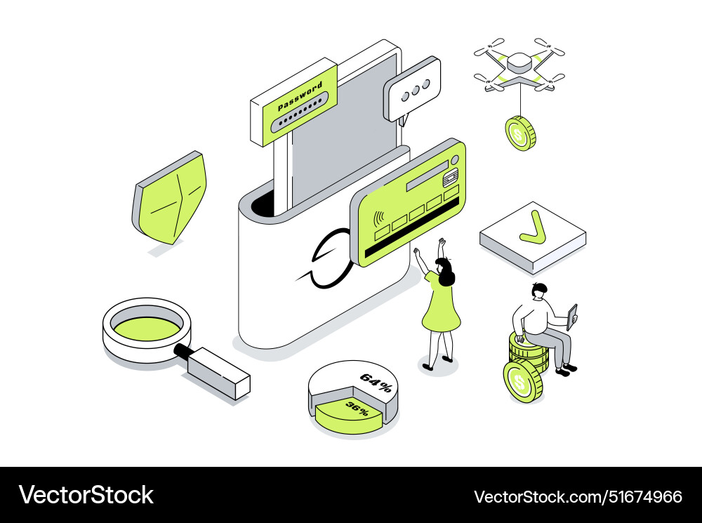 Mobile wallet app 3d isometric concept in outline Mobile wallet app 3d isometric concept in outline Vector Image