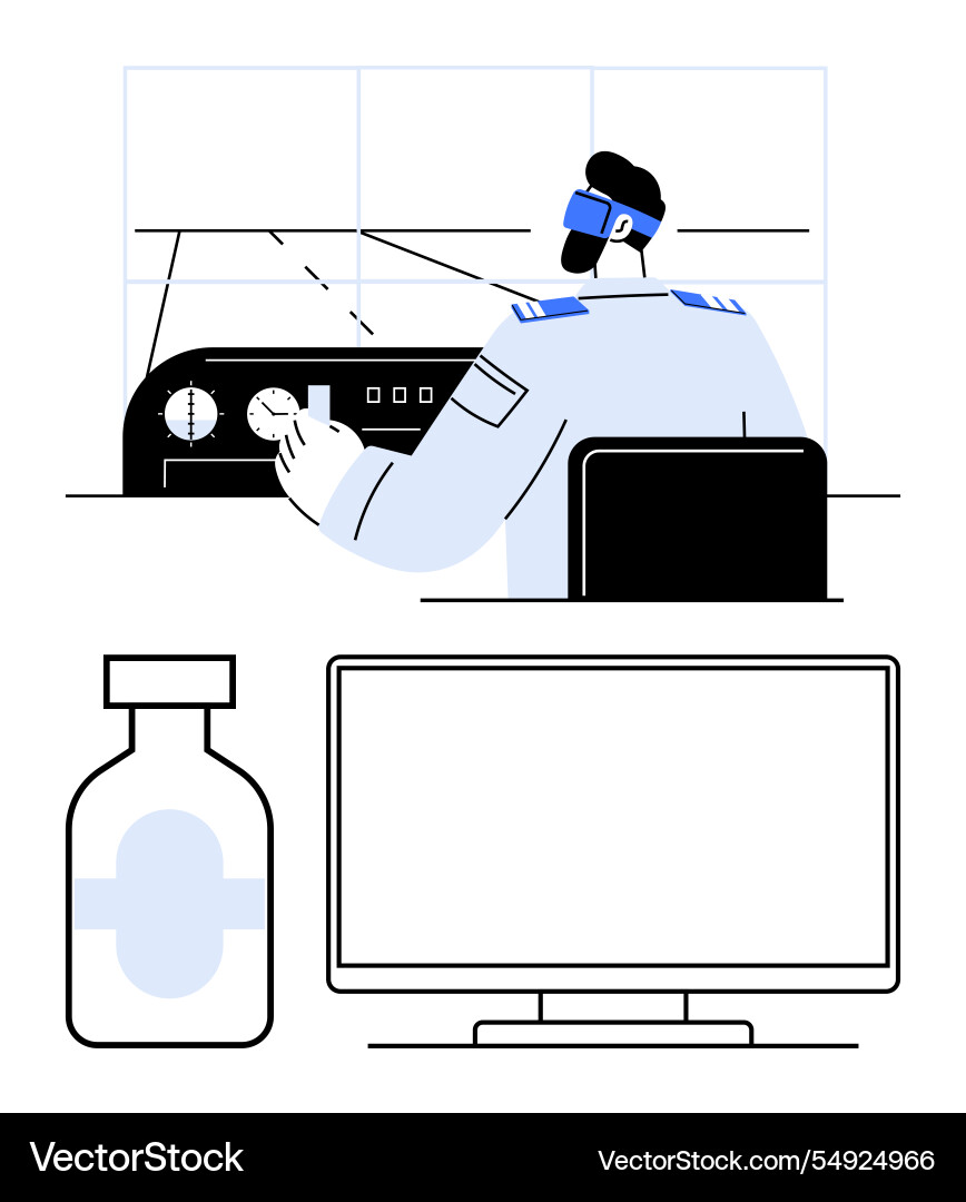 Pilot using flight simulator with control panel Vector Image
