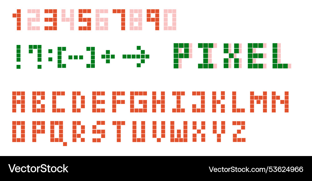 Pixelated alphabet and numbers pixel font set Pixelated alphabet and numbers pixel font set vector image