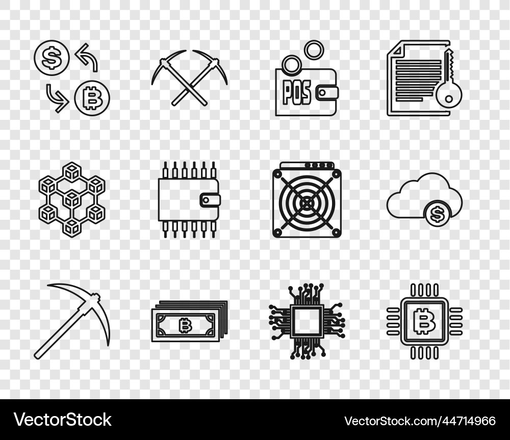 Set line pickaxe cpu mining farm proof of stake Set line pickaxe cpu mining farm proof of stake vector image