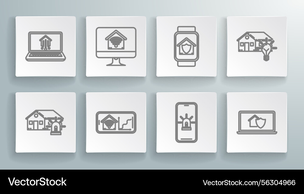 Set line smart house and alarm computer monitor Set line smart house and alarm computer monitor vector image
