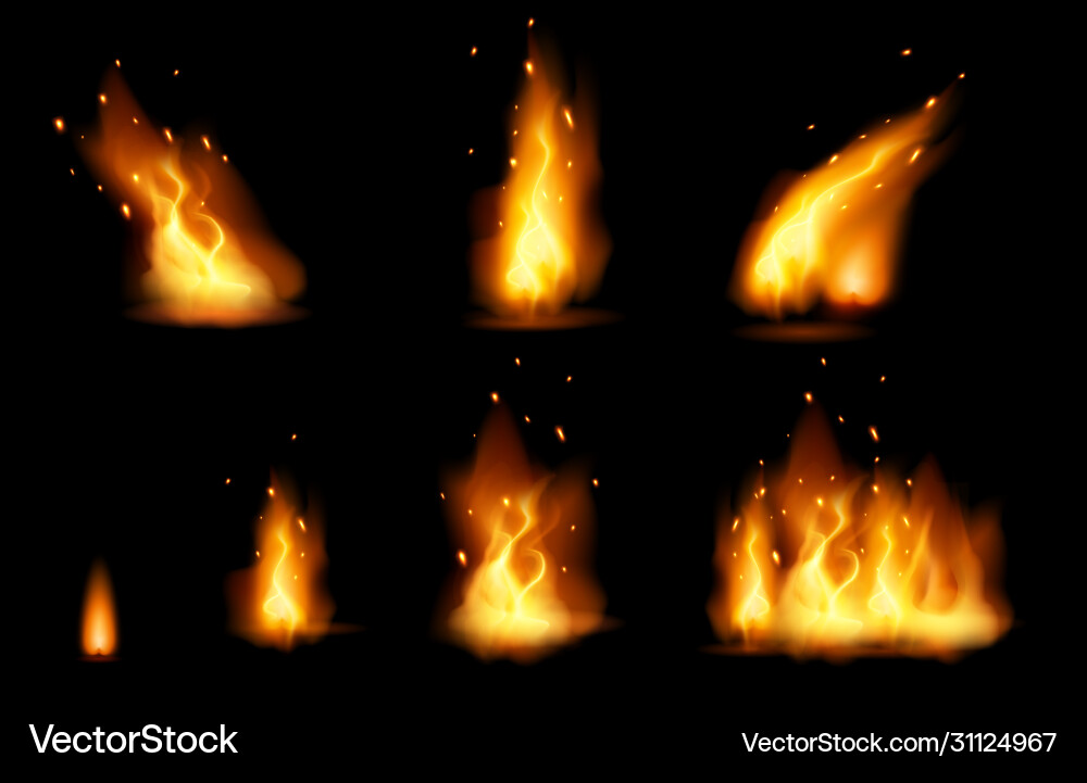 Realistic fire flame and sparks set with different Vector Image