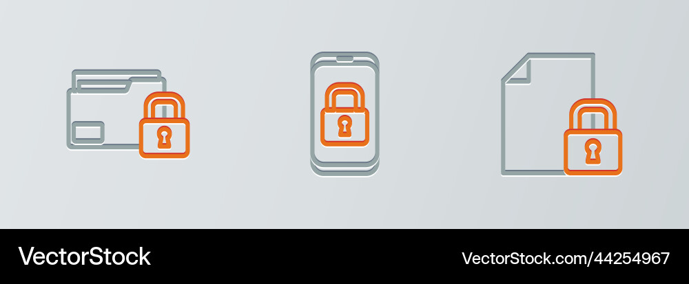 Set line document and lock folder mobile Set line document and lock folder mobile vector image