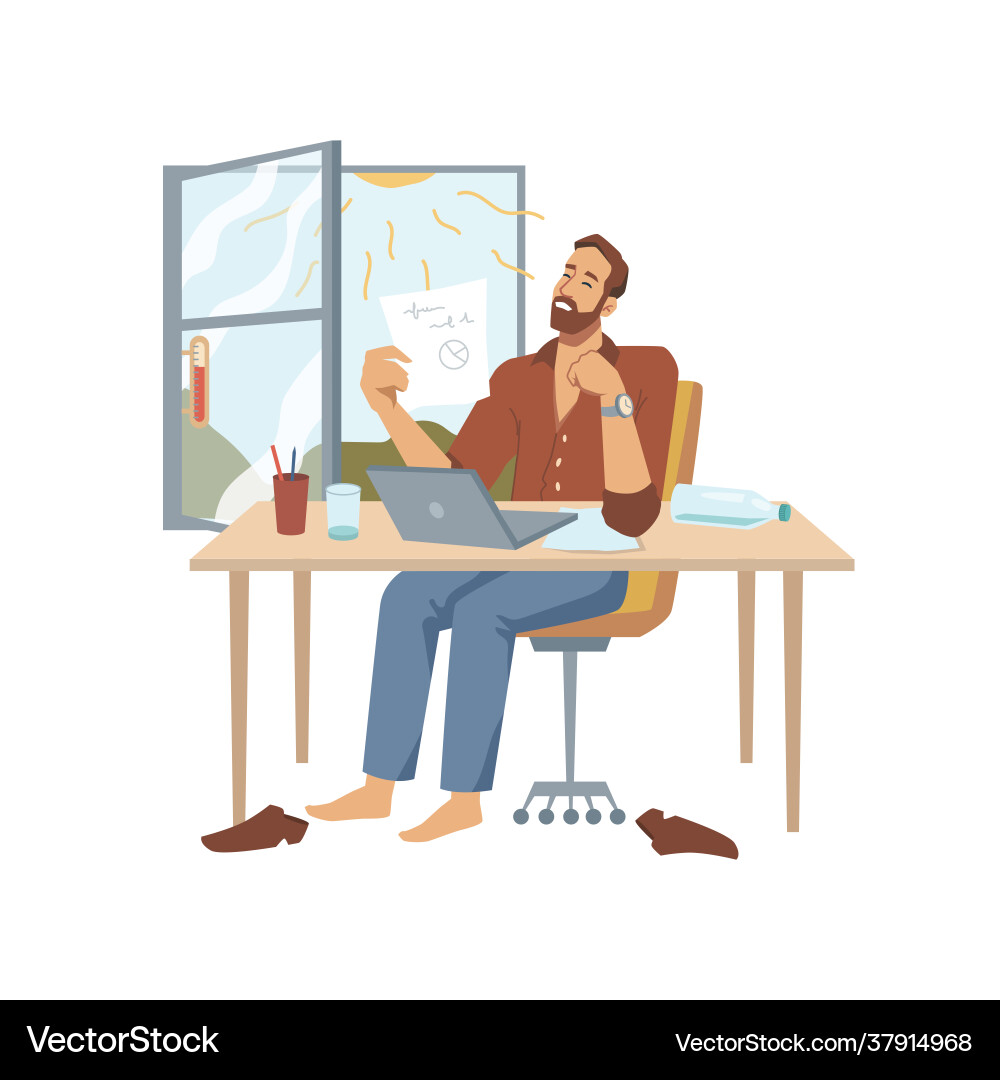 Man working in heat office with open window Man working in heat office with open window vector image