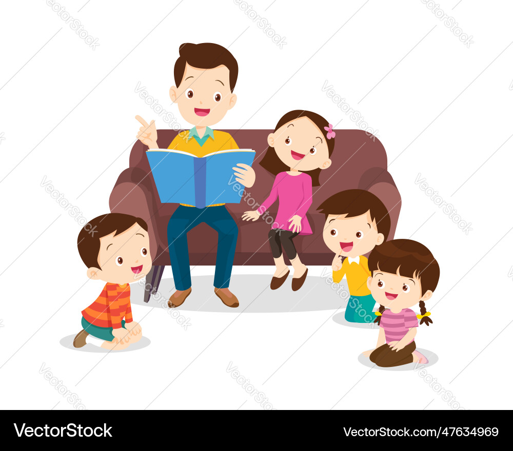 Kinder hören Papa Mama Großeltern Lesebuch vektorbild