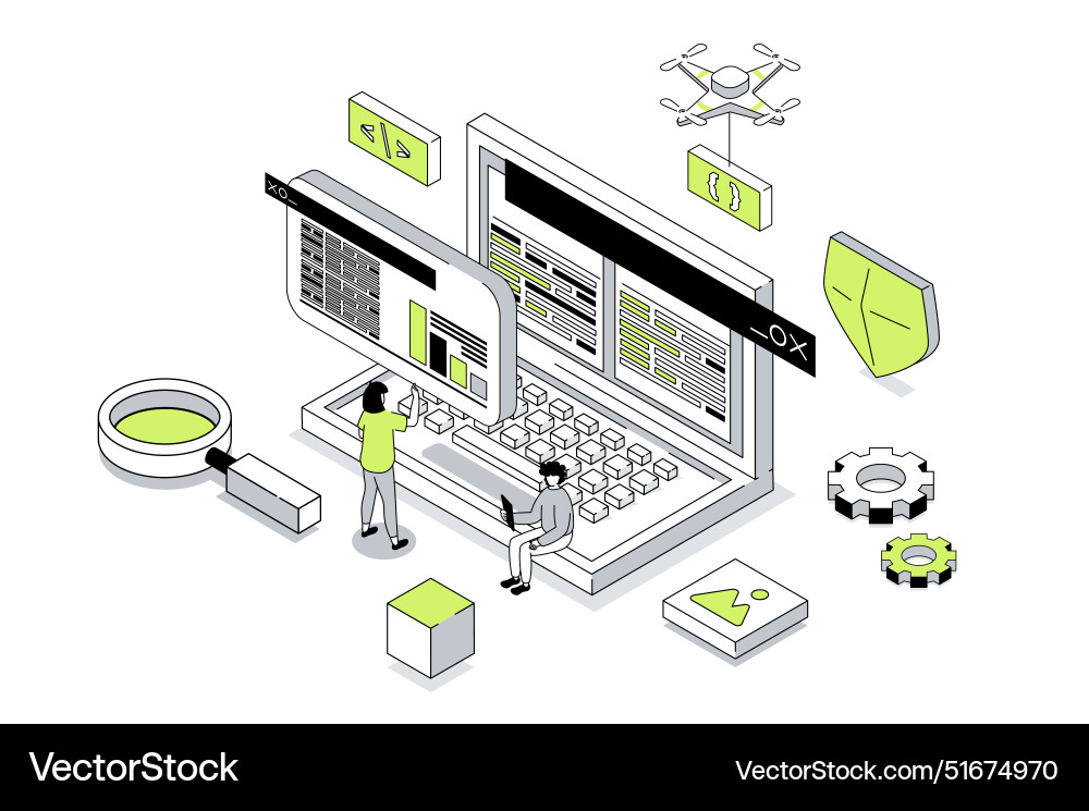 Programming 3d isometric concept in outline Programming 3d isometric concept in outline vector image