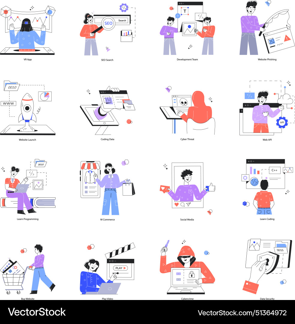 Bundle of web technology linear mini Vector Image