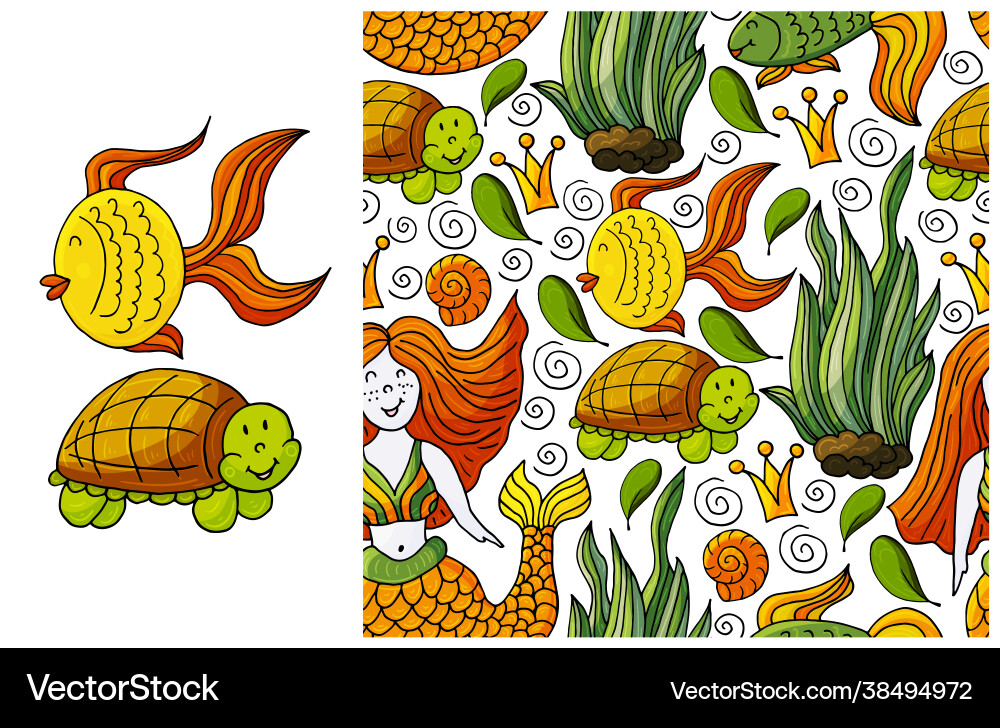 Set element and seamless pattern fish turtle Set element and seamless pattern fish turtle vector image