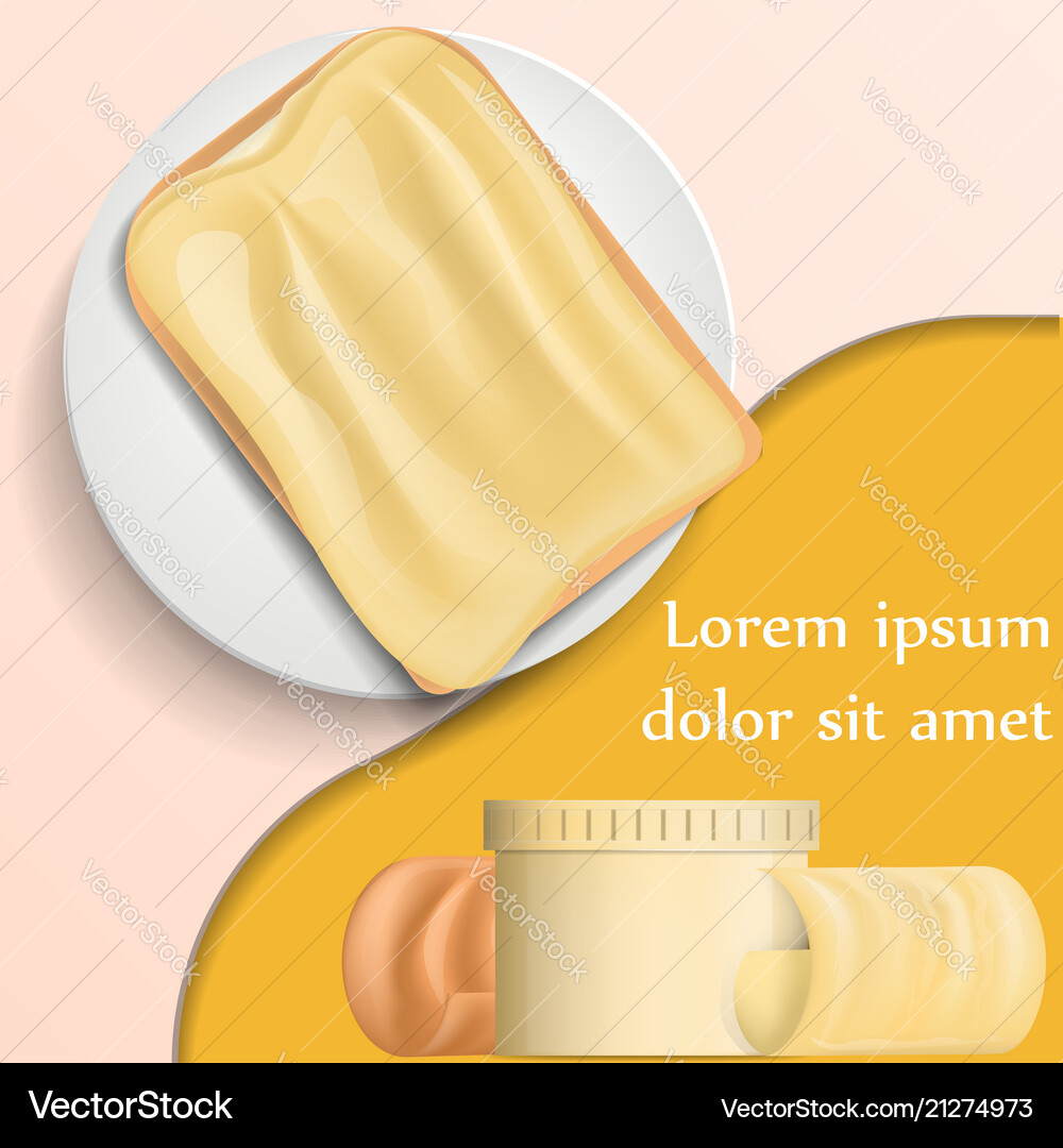 Butter curl block on plate banner realistic style Butter curl block on plate banner realistic style vector image