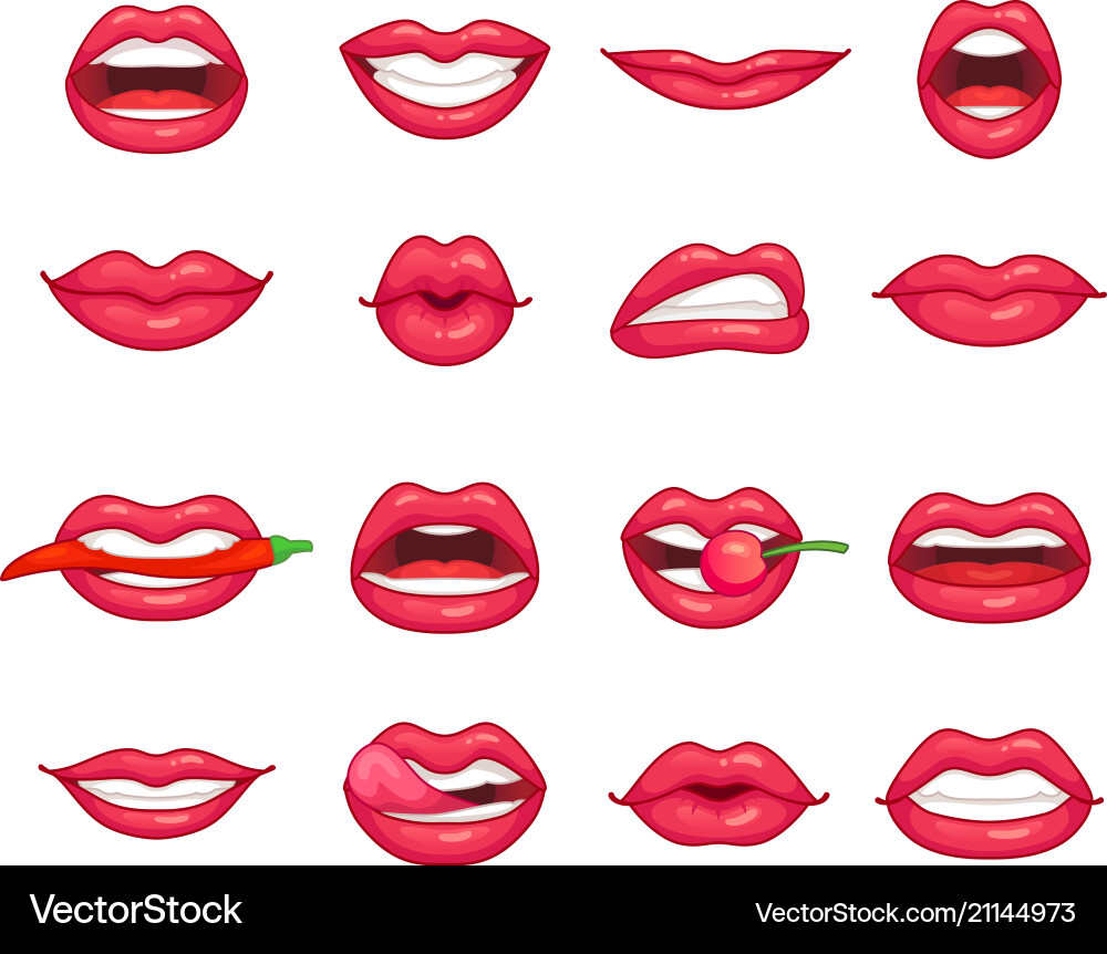 Lips collection beautiful girl smiling kissing Lips collection beautiful girl smiling kissing vector image