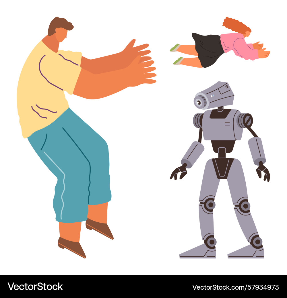 Man reacting to flying child and robot Vector Image