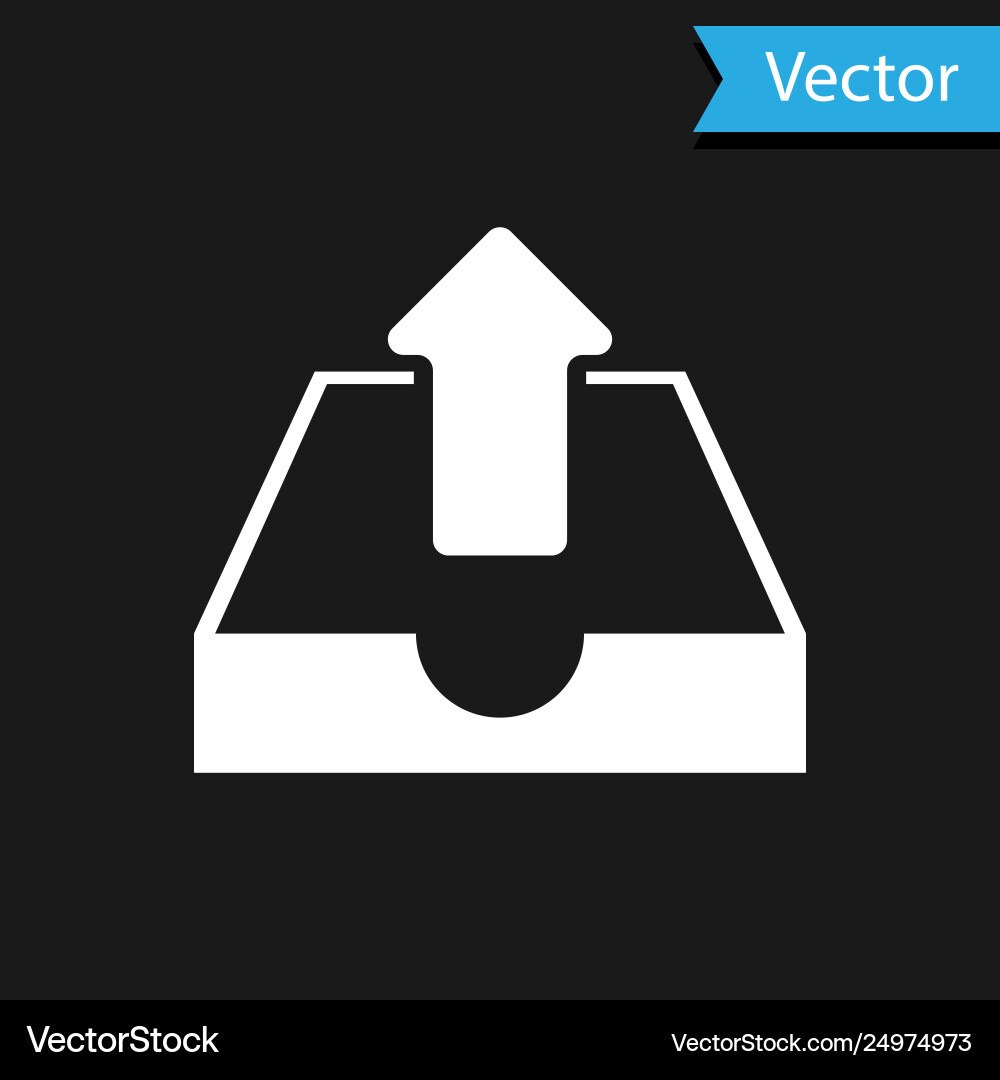 White upload inbox icon isolated on black vector image