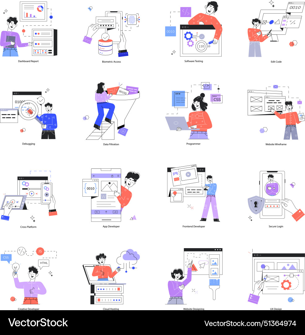 Collection of web programming linear mini Collection of web programming linear mini vector image
