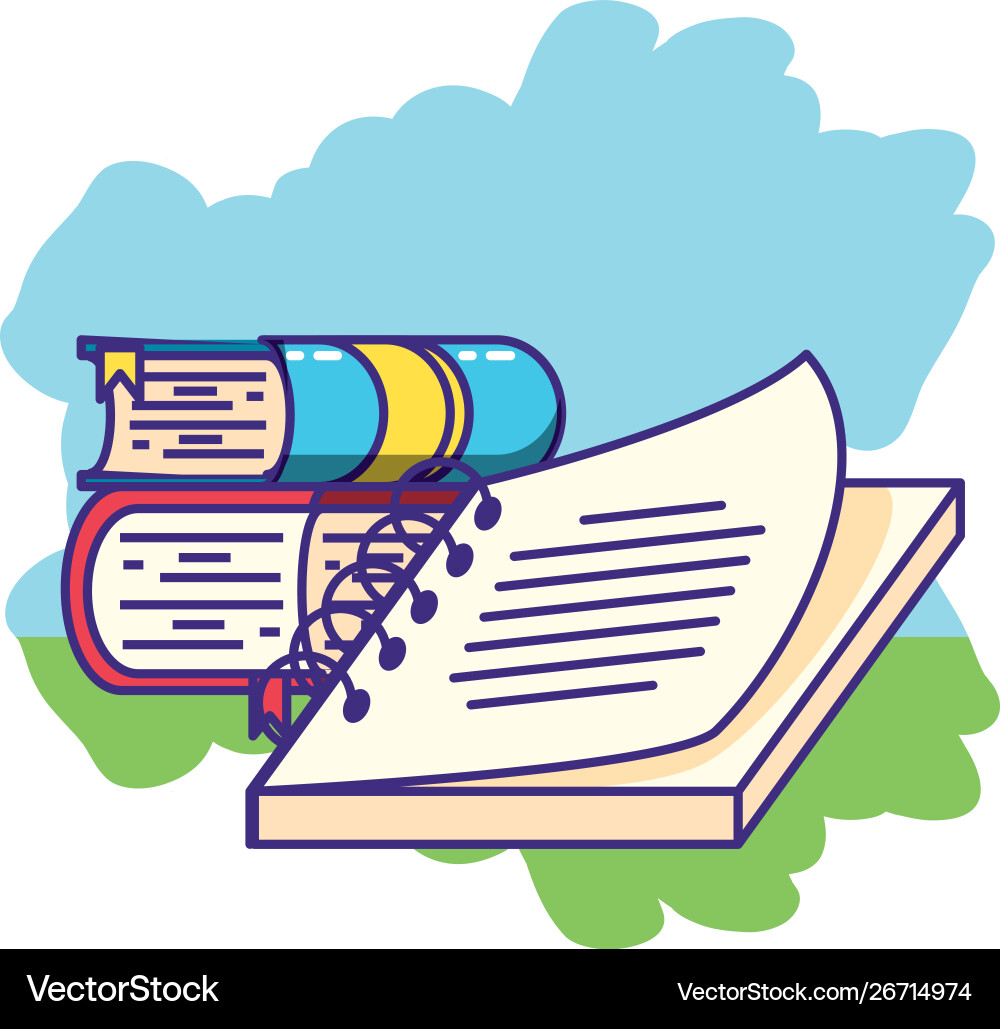 Pile books with notebook open vector image