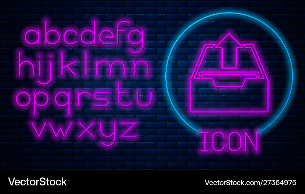 Glowing neon upload inbox icon isolated on brick Glowing neon upload inbox icon isolated on brick vector image