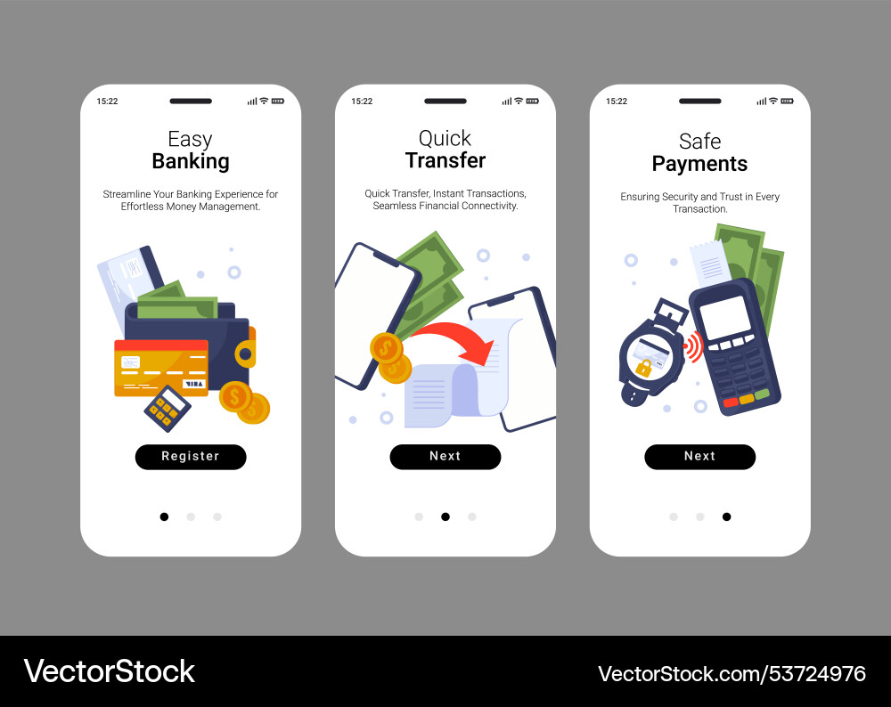 Flat banking services app design template set Flat banking services app design template set vector image