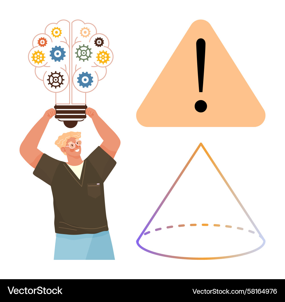 Man holding a lamp with gears warning icon Man holding a lamp with gears warning icon Vector Image