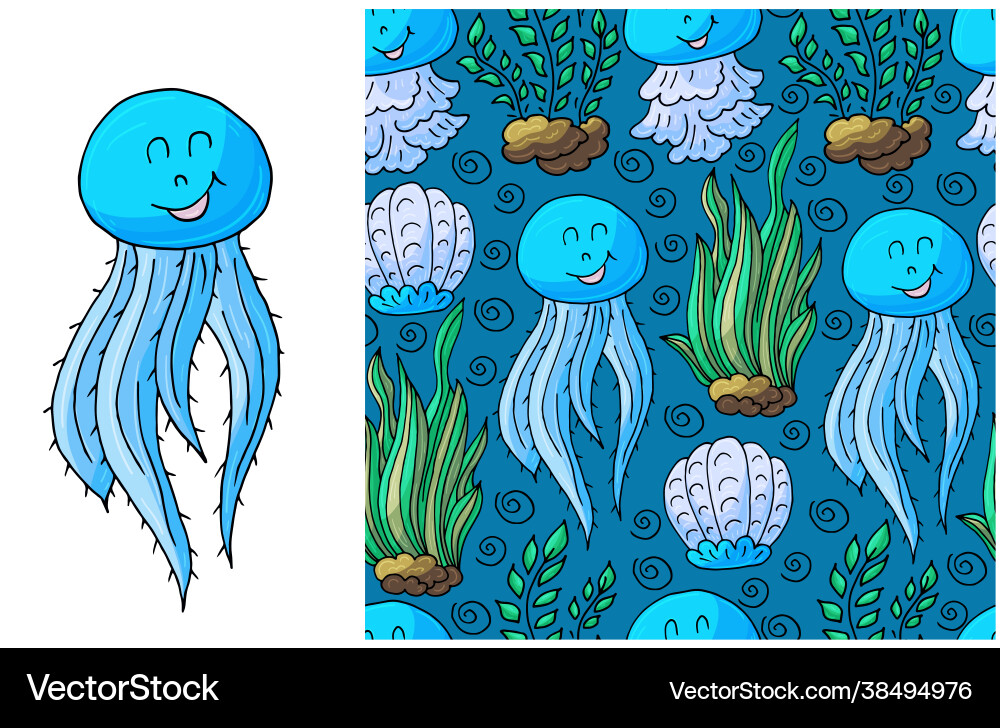 Set element and seamless pattern jellyfish vector image