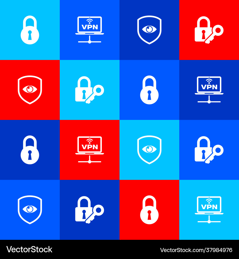 Set lock vpn computer network shield and eye Set lock vpn computer network shield and eye vector image
