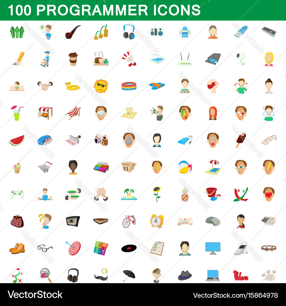 100 programmer icons set cartoon style vector image