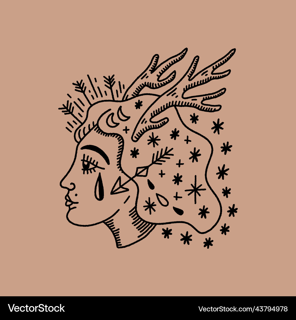 Celestial unique sacred deer girl with horns hand Celestial unique sacred deer girl with horns hand vector image