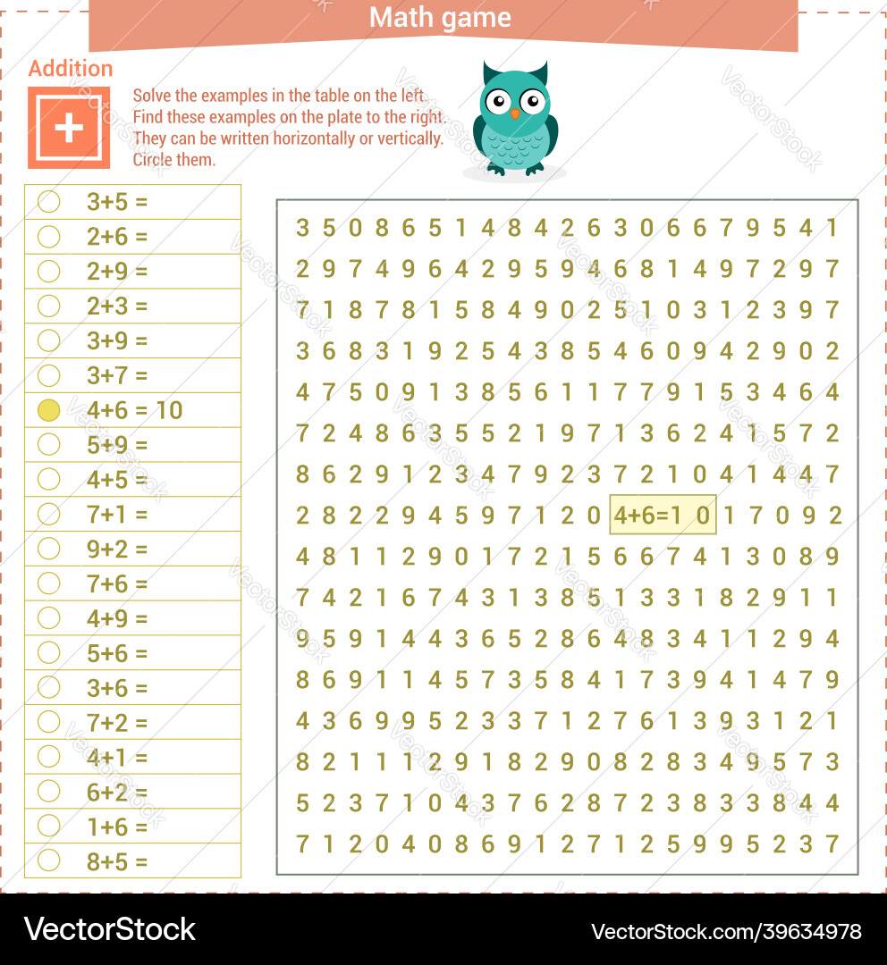 Mathematical game solve the examples on left Mathematical game solve the examples on left vector image