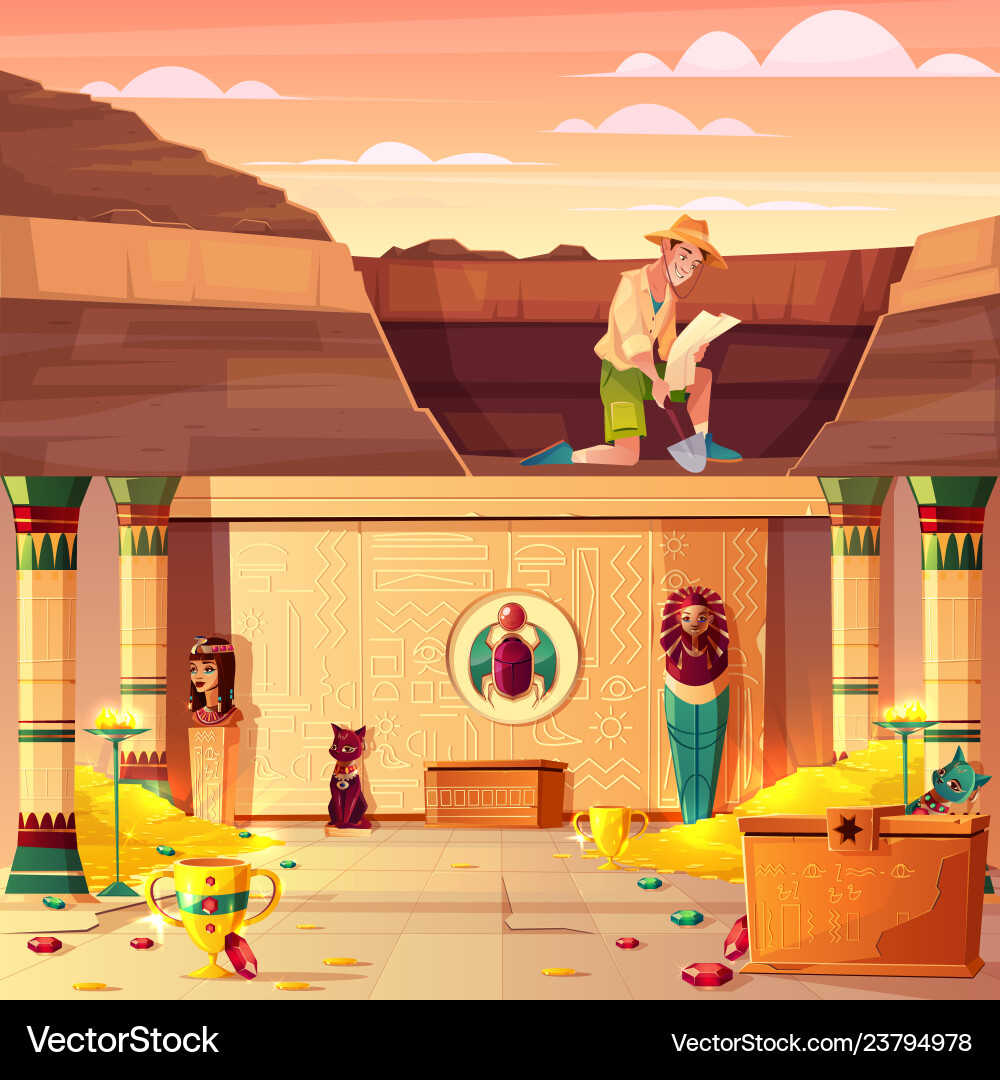 Treasure hunter searching pharaoh treasury Treasure hunter searching pharaoh treasury vector image